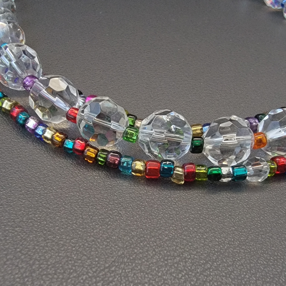 Handmade Multicolor Seed Bead & Clear Crystal Necklace | 3-Strand Beaded Choker - Picture 3 of 5